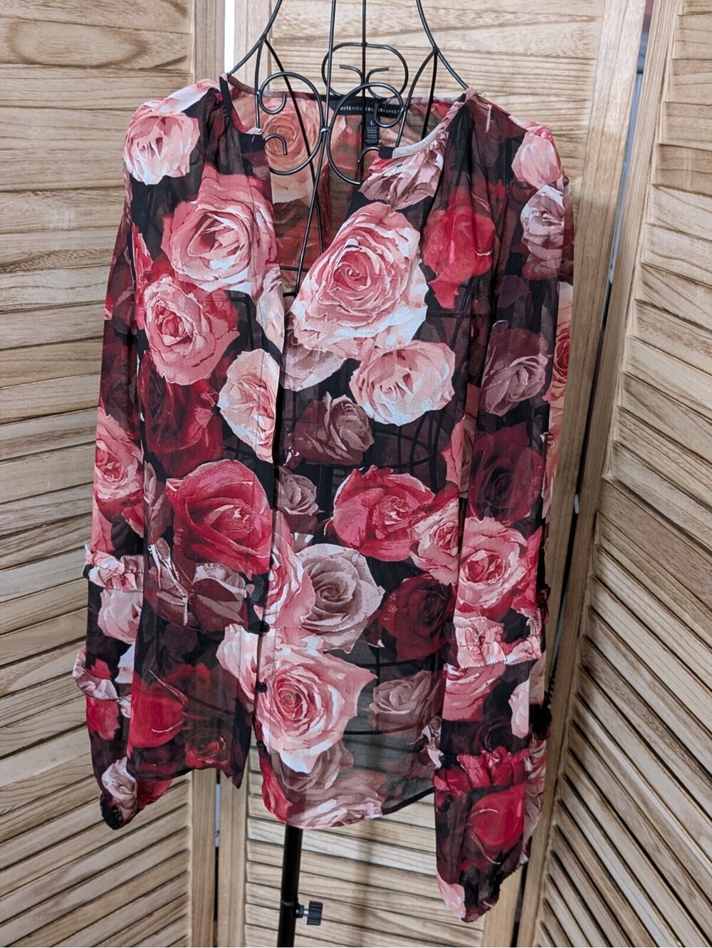 White House Black Market Red-Black Floral Chiffon Blouse | Size Large
